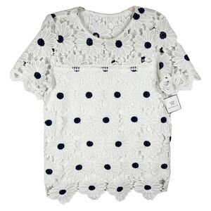 Rafaella Medium Top Lace Floral Textured Short Sleeve White Blue Daisies NWT 126